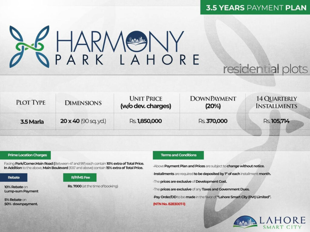 Lahore Smart City Harmony Park Payment plan